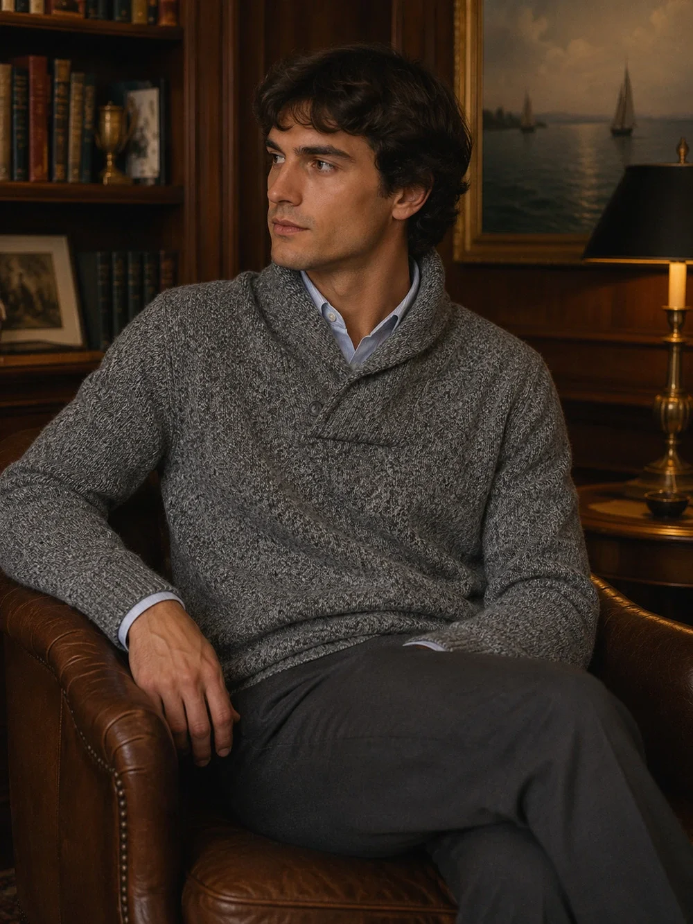 Men's Banana Republic Grey Gray Shawl Collar Sweater Preppy Marled Knit Medium